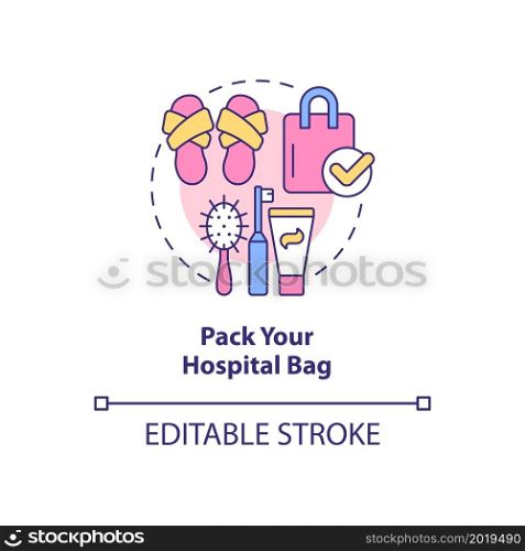 Pack hospital bag concept icon. Preparing for baby abstract idea thin line illustration. Gather essentials for hospital stay. Clinic admission. Vector isolated outline color drawing. Editable stroke. Pack hospital bag concept icon