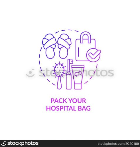 Pack hospital bag purple gradient concept icon. Preparing for baby abstract idea thin line illustration. Packing items for labour and birth. Gathering essentials. Vector isolated outline color drawing. Pack hospital bag purple gradient concept icon