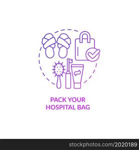 Pack hospital bag purple gradient concept icon. Preparing for baby abstract idea thin line illustration. Packing items for labour and birth. Gathering essentials. Vector isolated outline color drawing. Pack hospital bag purple gradient concept icon