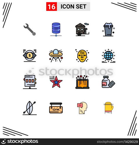 Pack of 16 creative Flat Color Filled Lines of cleaning, soup, computing, glass, trailer Editable Creative Vector Design Elements