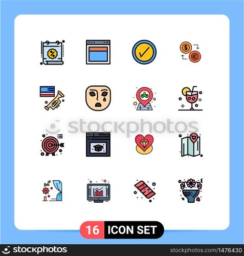 Pack of 16 creative Flat Color Filled Lines of euro, currency, web, coins, user Editable Creative Vector Design Elements