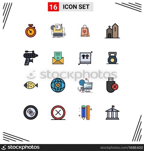Pack of 16 creative Flat Color Filled Lines of monastery, church, keyboard, christian, bag Editable Creative Vector Design Elements