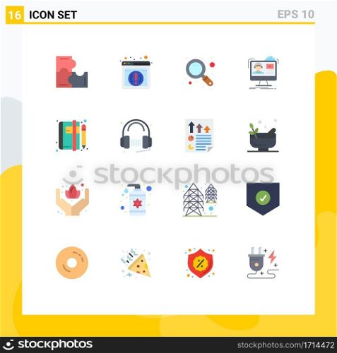 Pack of 16 creative Flat Colors of article, notepad, search, education, media Editable Pack of Creative Vector Design Elements