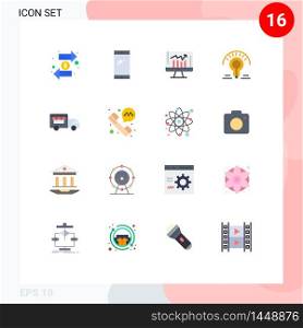 Pack of 16 creative Flat Colors of light bulb, bulb, huawei, dashboard, report Editable Pack of Creative Vector Design Elements