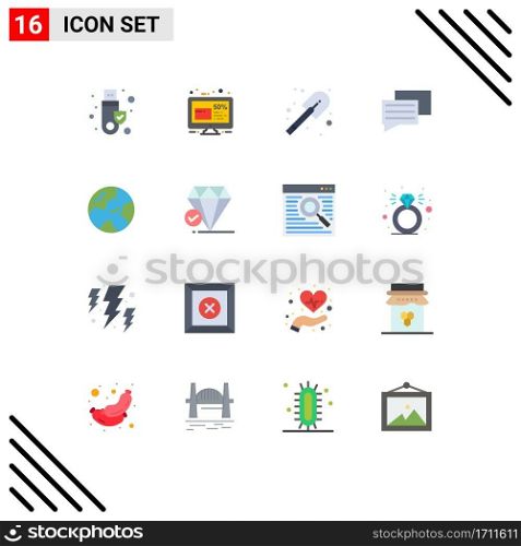 Pack of 16 creative Flat Colors of worldwide, earth, friday, message, chat Editable Pack of Creative Vector Design Elements
