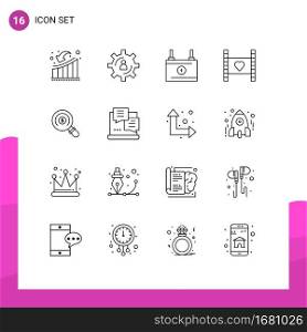 Pack of 16 creative Outlines of love, heart, production, film, energy Editable Vector Design Elements