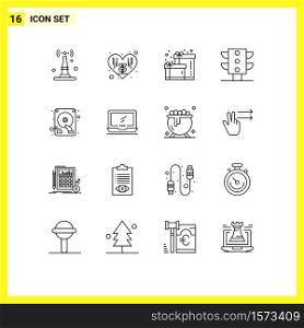Pack of 16 creative Outlines of monitor, hard disk, box, drive, traffic Editable Vector Design Elements