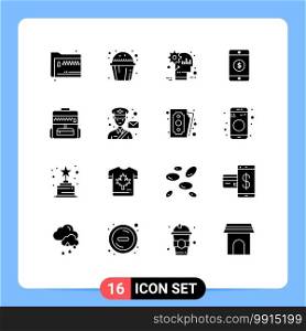 Pack of 16 creative Solid Glyphs of bag, mobile, muffin sweet, dollar, product Editable Vector Design Elements