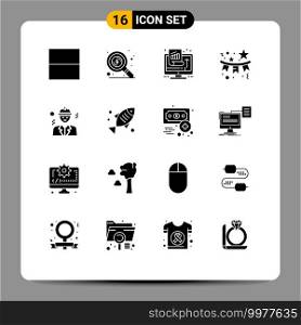 Pack of 16 creative Solid Glyphs of business, avatar, performance, holiday, celebration Editable Vector Design Elements