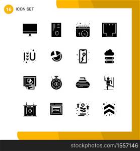 Pack of 16 creative Solid Glyphs of heart, network, calendar, internet, connection Editable Vector Design Elements