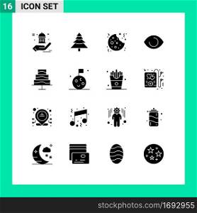 Pack of 16 creative Solid Glyphs of photo, editor, cookie, vision, face Editable Vector Design Elements
