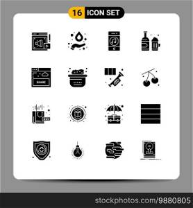 Pack of 16 creative Solid Glyphs of share, canada, media, cup, bottle Editable Vector Design Elements