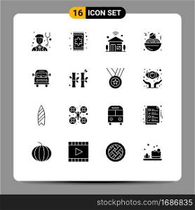 Pack of 16 creative Solid Glyphs of vehicle, truck, internet, food, spaghetti Editable Vector Design Elements