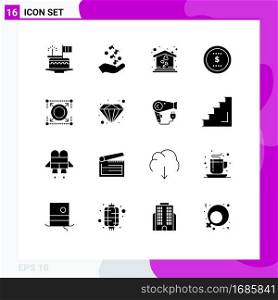 Pack of 16 creative Solid Glyphs of web, dollar, rock, coin, sweet home Editable Vector Design Elements