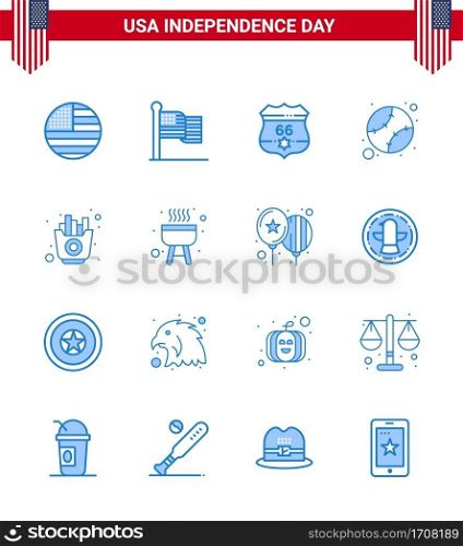 Pack of 16 creative USA Independence Day related Blues of bbq  chips  american  fries  fast Editable USA Day Vector Design Elements