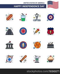 Pack of 16 creative USA Independence Day related Flat Filled Lines of landmark  american  ice hockey  usa  police Editable USA Day Vector Design Elements