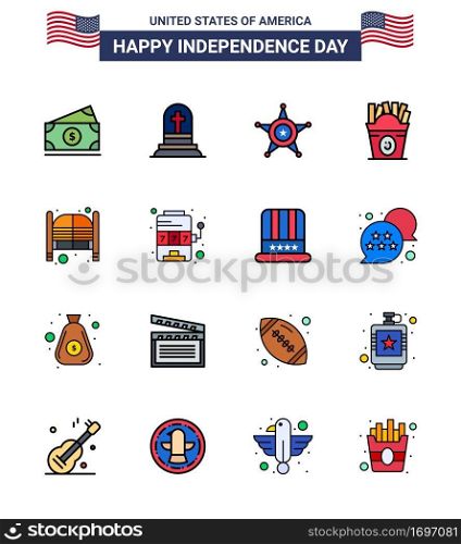 Pack of 16 creative USA Independence Day related Flat Filled Lines of doors; usa; men; food; frise Editable USA Day Vector Design Elements