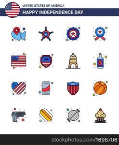 Pack of 16 creative USA Independence Day related Flat Filled Lines of flag  police  usa  star  badge Editable USA Day Vector Design Elements