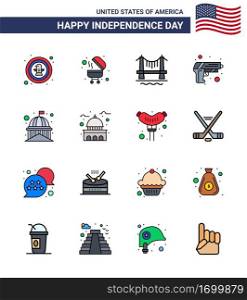 Pack of 16 creative USA Independence Day related Flat Filled Lines of house  weapon  bridge  army  gun Editable USA Day Vector Design Elements