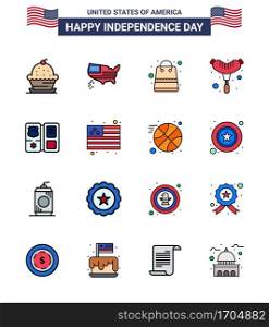 Pack of 16 creative USA Independence Day related Flat Filled Lines of shield  sausage  usa  frankfurter  shop Editable USA Day Vector Design Elements