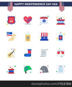 Pack of 16 creative USA Independence Day related Flats of laud; flag; american; sticks; drum Editable USA Day Vector Design Elements