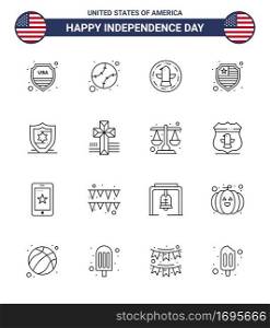 Pack of 16 creative USA Independence Day related Lines of church  american  american  shield  american Editable USA Day Vector Design Elements