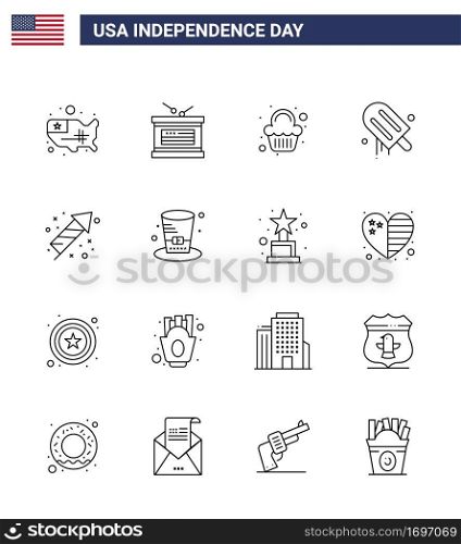 Pack of 16 creative USA Independence Day related Lines of festivity; usa; cake; american; icecream Editable USA Day Vector Design Elements