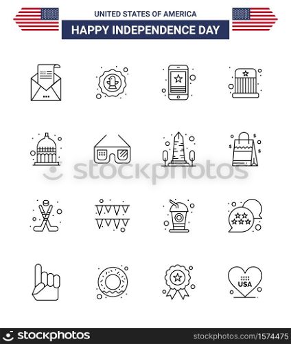Pack of 16 creative USA Independence Day related Lines of kids; circus; eagle; phone; smart phone Editable USA Day Vector Design Elements