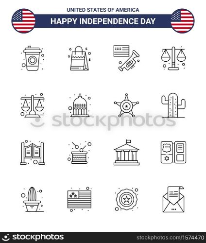 Pack of 16 creative USA Independence Day related Lines of statehouse; indiana; speaker; scale; justice Editable USA Day Vector Design Elements