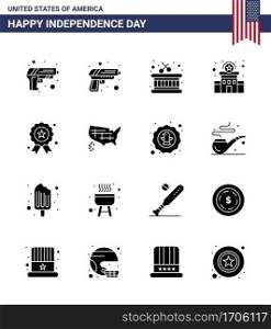 Pack of 16 creative USA Independence Day related Solid Glyphs of united  map  police  medal  independece Editable USA Day Vector Design Elements