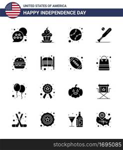 Pack of 16 creative USA Independence Day related Solid Glyphs of usa  bat  thanksgiving  baseball  united Editable USA Day Vector Design Elements