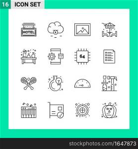 Pack of 16 Line Style Icon Set. Outline Symbols for print. Creative Signs Isolated on White Background. 16 Icon Set.. Creative Black Icon vector background