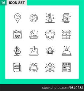 Pack of 16 Line Style Icon Set. Outline Symbols for print. Creative Signs Isolated on White Background. 16 Icon Set.. Creative Black Icon vector background