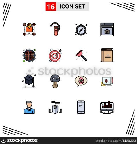 Pack of 16 Modern Flat Color Filled Lines Signs and Symbols for Web Print Media such as celtic knot, webpage, headphone, web, guide Editable Creative Vector Design Elements