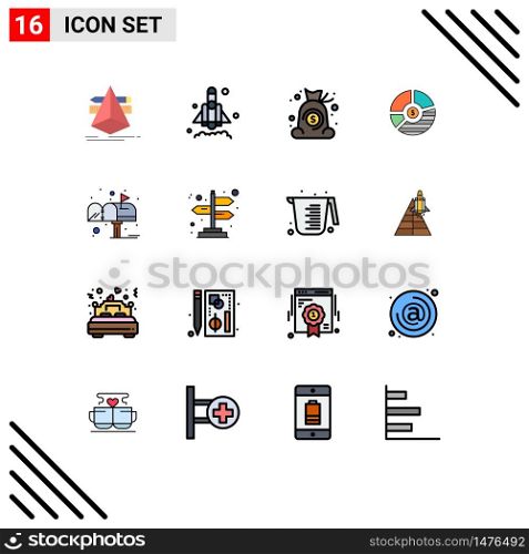 Pack of 16 Modern Flat Color Filled Lines Signs and Symbols for Web Print Media such as statistics, graph, cash, business, analysis Editable Creative Vector Design Elements