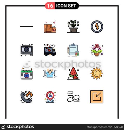 Pack of 16 Modern Flat Color Filled Lines Signs and Symbols for Web Print Media such as delivery, message, plant, chat, electricity Editable Creative Vector Design Elements