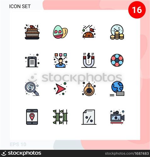 Pack of 16 Modern Flat Color Filled Lines Signs and Symbols for Web Print Media such as pin, code, moon, access, money Editable Creative Vector Design Elements