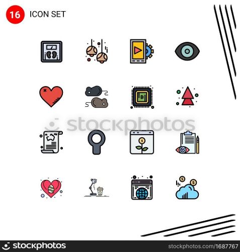Pack of 16 Modern Flat Color Filled Lines Signs and Symbols for Web Print Media such as love, science, lights, lab, biology Editable Creative Vector Design Elements