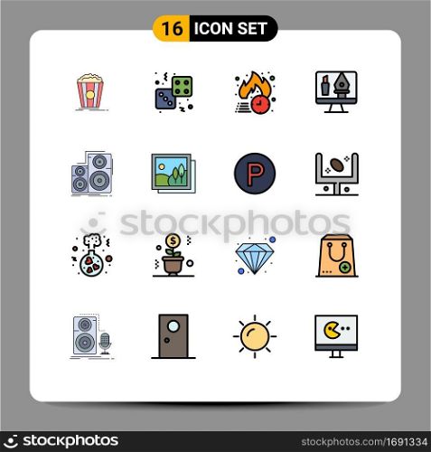 Pack of 16 Modern Flat Color Filled Lines Signs and Symbols for Web Print Media such as computer, editing, play, tools, hot Editable Creative Vector Design Elements
