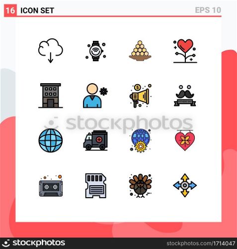 Pack of 16 Modern Flat Color Filled Lines Signs and Symbols for Web Print Media such as form, disease, bowl, treat, laddu Editable Creative Vector Design Elements