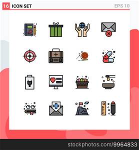 Pack of 16 Modern Flat Color Filled Lines Signs and Symbols for Web Print Media such as briefcase, shooting board, care, shooting, mail Editable Creative Vector Design Elements