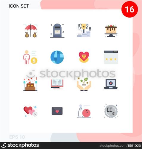 Pack of 16 Modern Flat Colors Signs and Symbols for Web Print Media such as management, sweets, cup, food, cake Editable Pack of Creative Vector Design Elements