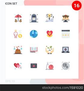 Pack of 16 Modern Flat Colors Signs and Symbols for Web Print Media such as management, sweets, cup, food, cake Editable Pack of Creative Vector Design Elements