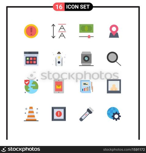Pack of 16 Modern Flat Colors Signs and Symbols for Web Print Media such as diet, page, credit, web, marker Editable Pack of Creative Vector Design Elements