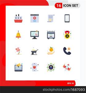 Pack of 16 Modern Flat Colors Signs and Symbols for Web Print Media such as bell, android, file, mobile, phone Editable Pack of Creative Vector Design Elements