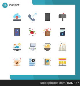 Pack of 16 Modern Flat Colors Signs and Symbols for Web Print Media such as door, aperture, phone, postbox, mail Editable Pack of Creative Vector Design Elements