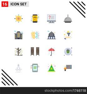Pack of 16 Modern Flat Colors Signs and Symbols for Web Print Media such as place, building, contact, hotel, alarm Editable Pack of Creative Vector Design Elements
