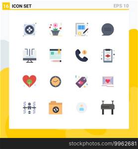 Pack of 16 Modern Flat Colors Signs and Symbols for Web Print Media such as media, connections, balance, messages, chat Editable Pack of Creative Vector Design Elements