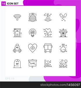 Pack of 16 Modern Outlines Signs and Symbols for Web Print Media such as cleaning, bath, thermometer, medical, health Editable Vector Design Elements