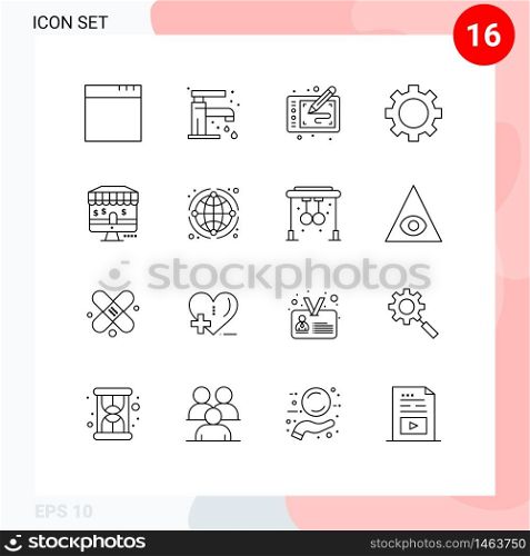 Pack of 16 Modern Outlines Signs and Symbols for Web Print Media such as shop, online, art, technology, gadget Editable Vector Design Elements